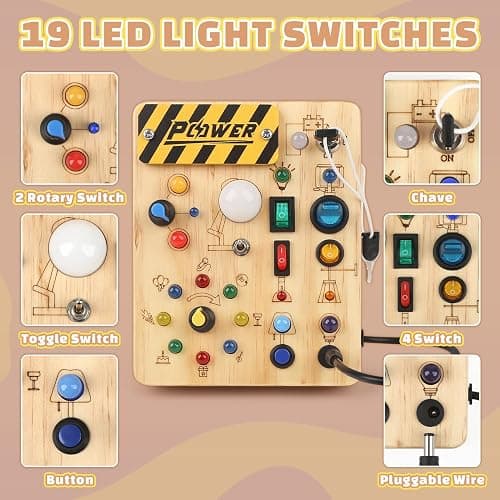 Joyreal Montessori Busy Board Wooden Sensory Toys for Toddler with LED Light Up Switch, Baby Fidget Board Travel Toys for 18+ Months, Boys Girls Birthday thumbnail 2