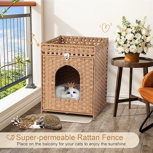 Snughome Cat Litter Box Enclosure Furniture Hidden with Litter Mat, Hidden Washroom Furniture with Door, Handwoven Rattan Cat Washroom Box, Indoor Pet House for Living Room, Bedroom(Natural) thumbnail 4