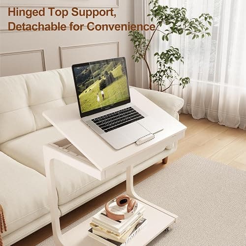 AQIMUELE Wooden C-Shaped End Table,Couch Table with Adjustable Desktop,Small Rolling Side Table with 2 Lockable Wheels 23.36" Width,Small End Table for Couch, Living Room,Bedroom (White) - 15.6"D x 23.6"W x 24.8"H - Modern 2 Tier - White thumbnail 4