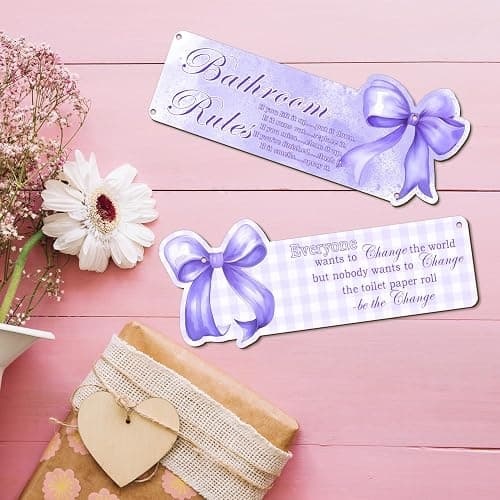 Purple Bow Bathroom Wall Decor - Set of 2 Fun Rustic Wooden Signs, Teen Bedroom Decor, Suitable for Teen and Girl Bedrooms, Gifts for Daughters and Besties thumbnail 2