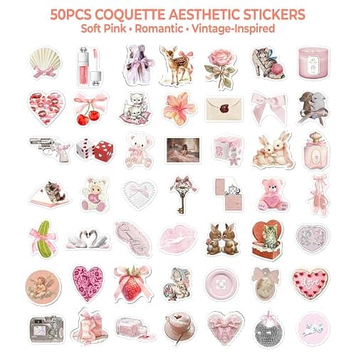 BEATRI 50PCS Coquette Stickers Pack – Cute Pink Aesthetic Vinyl Stickers for Scrapbooking, Journaling, Laptop, Water Bottle, Gifts for Girls & Teens - Coquette Stickers thumbnail 3