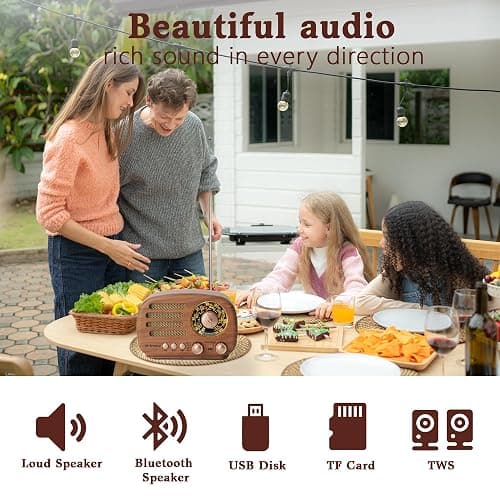 M-Amazup Radios Portable AM FM SW, Retro Radio with Speaker, Transistor Radio Bluetooth 5.3, Rechargeable Battery Powered, TWS, Support TF Card/MP3/USB Playing, Gifts for Senior, Light Wood thumbnail 2