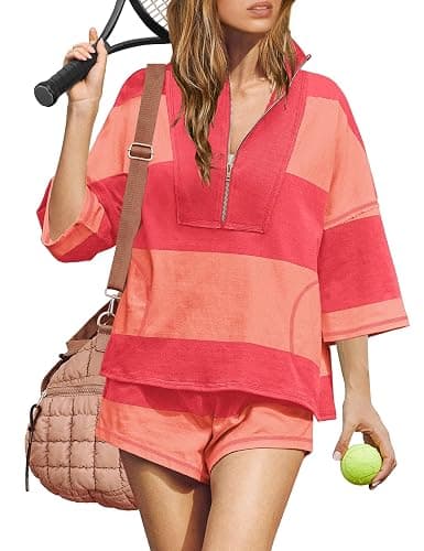 ReachMe Womens Workout Striped Short Sets 2 Piece Outfits Summer Matching Lounge Sets Top and Shorts with Pockets - Image 1