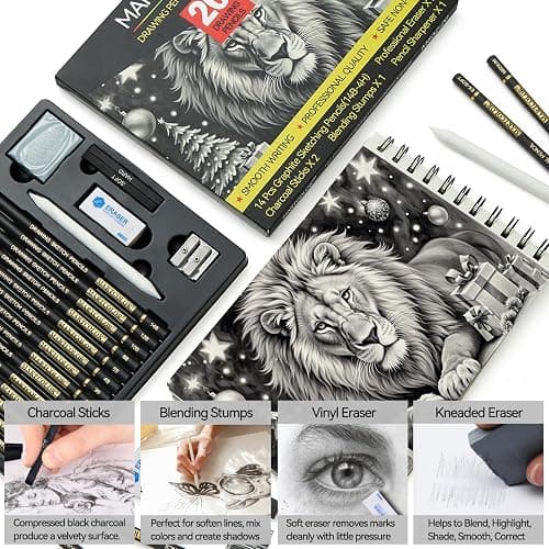 MARTCOLOR Drawing Sketching Pencil Set, 20 Pieces, Graphite Pencils (14B-4H), Charcoal Sticks, Stump, Eraser, Sharpeners, Ideal for Drawing Art, Sketching, Artist Pencils for Beginners & Pro Artists thumbnail 4