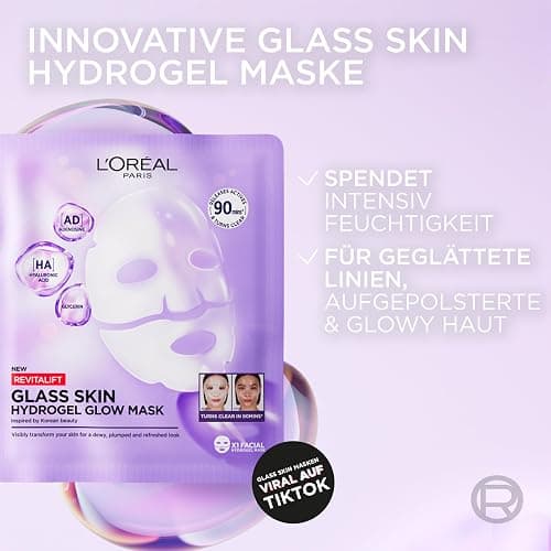 L'Oréal Paris Glass Skin Hydrogel 4er Maskenbox, für aufgepolsterte & glowy Haut, feuchtigkeitsspendend & glättend, [mit Hyaluronsäure], Revitalift Filler, Vorteilsset, 100g thumbnail 3