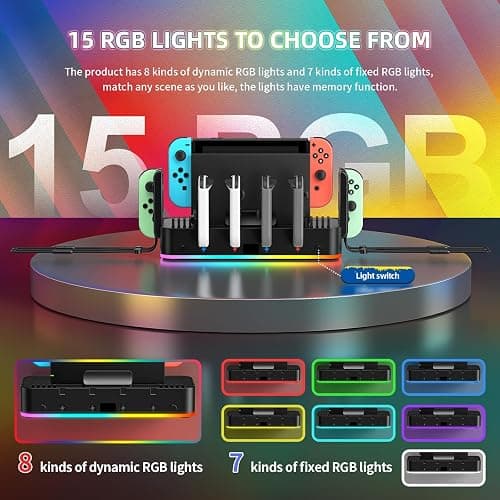RGB Switch Wall Mount for Joy-Con Charger, Switch Holder for Nintendo Switch / OLED with Switch Organizer, Switch Accessories with 15 Light Mode, 4 Controller Charger, 2 USB Port, 10 Card Slot thumbnail 3