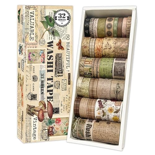 Vintage Washi Tape Set for Scrapbooking & Journaling - 32 Rolls Floral, Cute Decorative Tapes with Assorted Widths, Retro Aesthetic DIY Gift for Bible, Bullet, Junk Journal Supplies (Christmas Tape) - Image 1