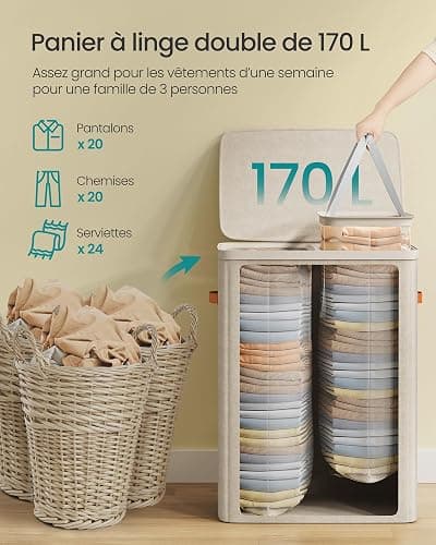 SONGMICS Panier à Linge, Corbeille à Linge Sale de 170 L, 2 Compartiments, Montage Facile, avec Couvercle et Poignées, Sacs Internes Amovibles, 56 x 40 x 75 cm, Beige Cappuccino LCB813L01 thumbnail 5