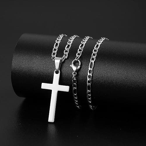 LUXEJEW Cross Necklace for Men - Silver/Gold/Black Stainless Steel Cross Pendant Necklace Figaro Link Chain 16-24 Inches thumbnail 8