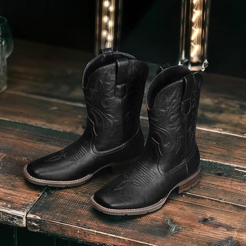 Lumeheel Cowboy Boots for Men - Western Men's Boots with Classic Embroidered, Slip on Square Toe Boots, Slip Resistant Country Boots Chunky Heel Ankle, Durable Short Boots for Spring Fall thumbnail 4