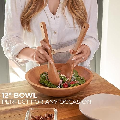 Extra Large Wooden Salad Bowl Set With Serving Utensils - A Beautiful Party Salad & Fruit Bowl With Serving Spoons Perfect for Your Dinner Party - Decorative & Practical Kitchen Must-Have thumbnail 3