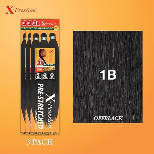 Sensationnel X-pression prestretched braiding hair - 3x braid 58 inch all kanekalon flame retardant synthetic braid for box braids and twists (3 pack, 1B OFFBLACK) thumbnail 2