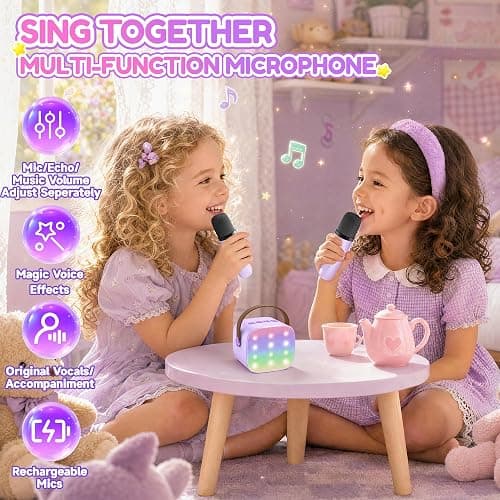 YLL Karaoke Machine for Kids, Portable Mini Speaker with 2 Wireless Microphones, TOP Kids Gifts for Girls Ages 3, 4, 5, 6, 7, 8, 9, 10+ Years Old, 4-12th Birthday Singing Present Toy Party (Purple) thumbnail 7