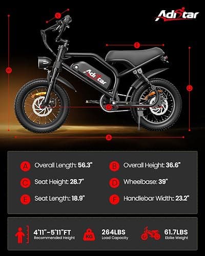 ADISTAR 16" Electric Bike for Adults/Teens, Peak 1500W & 65 Miles Long Range, 48V 15.6Ah Battery, Full Suspension Fat Tire All-Terrain EBike on Mountains,Snow,Sand,Black thumbnail 7