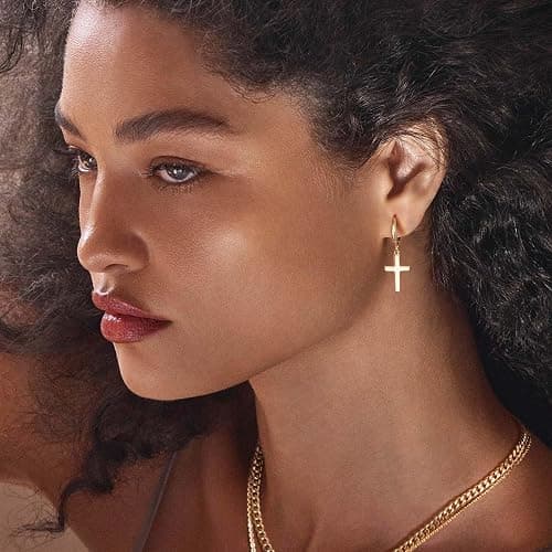 Gold Dangle Drop Hoop Earrings for Women Men Gold Plated Dainty Earrings Hypoallergenic Star Cross Huggie Hoops Jewelry for Everyday Wear thumbnail 2