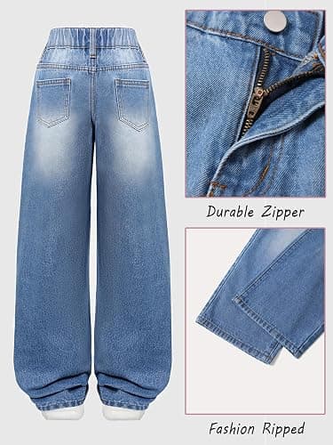 Fulihug Jeans for Girls Baggy Wide Leg Cute Bow High Elastic Waisted Denim Pants Y2K Boyfriend Skater Streetwear 7-14Y thumbnail 4
