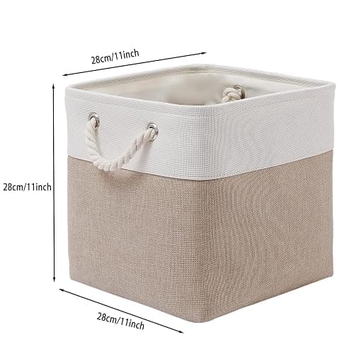 MidmmVick 11 x 11 Inch Cube Storage Bins, 6 Pack Large Collapsible Fabric Storage Bin with Ropes, Foldable Storage Cubes for Home, Office,Closet, Clothes, Toys Organizer (White & Beige-11"x11"x11") thumbnail 3