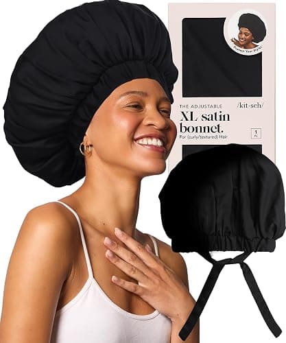 Kitsch XL Satin Bonnet for Sleeping - Softer Than Silk Bonnet For Sleeping Women - Secure Fit, Adjustable, Night Cap For Curly & Textured Hair - Prevents Breakage, Tangles & Thinning - Black - Image 1