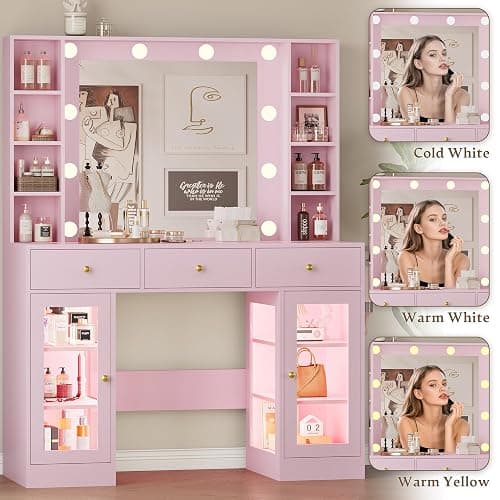Wodeer Makeup Vanity Desk with Mirror and Lights, Pink Vanity with Glass Top, LED Lights & Power Outlet, 3 Drawers & 2 RGB Glass Cabinets, Adjustable Lighted Dressing Table for Women & Girls Bedroom thumbnail 4
