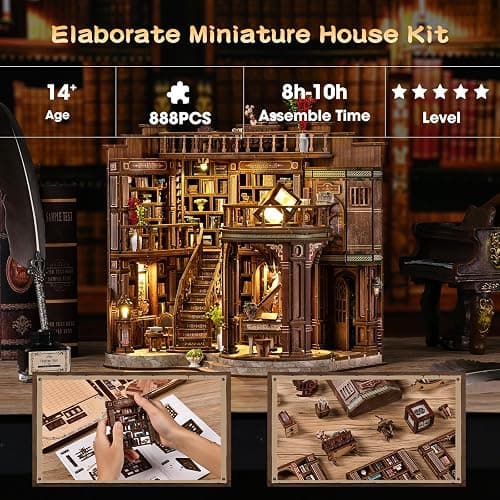 3DVASE Book Nooks for Adults, DIY Miniature Dollhouse Book Nook Kit, Model Kits Craft Kits for Adults, 3D Wooden Puzzle Book Nook Craft Bookshelf Decor, Adult Craft Kits Gift with Led Light thumbnail 4