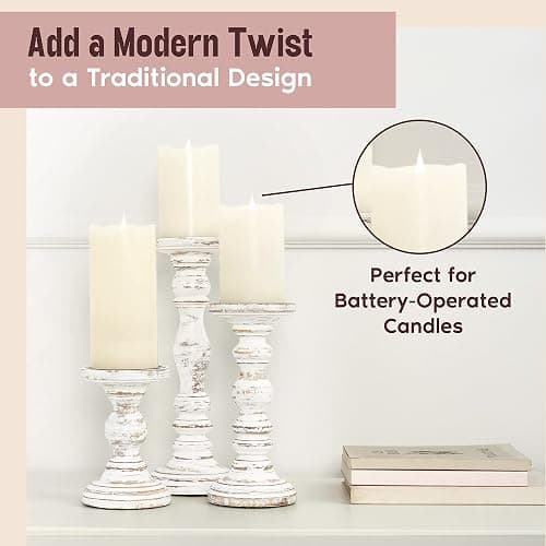 Large Candle Holders for Pillar Candles - Rustic Farmhouse Style Home Decor - Perfect for Table Centerpieces, Coffee Table or Fireplace Mantel - 3 Piece Set - White thumbnail 6