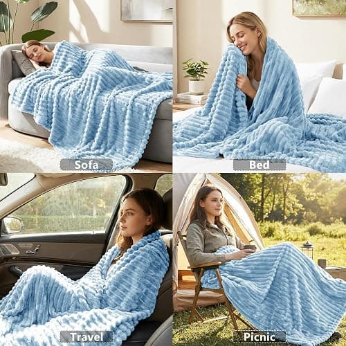 HIMEET Light Blue Ribbed Throw Blanket for Couch - 300GSM Lightweight Soft Fleece Blanket for Women Men, Cozy Blankets for Mothers Gifts, Striped Spring Home Room Decor, Light Blue, 50x60 Inches thumbnail 6