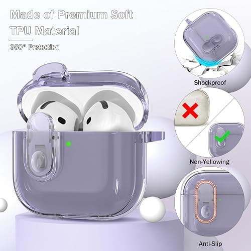 MHYALUDO for AirPods 4th Generation Case Cover 2024, Military-Grade Shockproof, Soft TPU Highly Transparent Anti-Yellowing for AirPods 4 Case with Cleaning Kit & Cute Round Buckle, Crystal Purple thumbnail 4