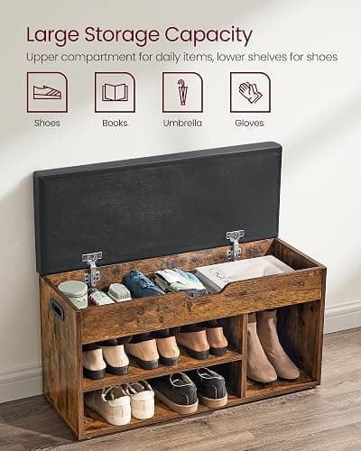 VASAGLE Shoe Bench with Cushion, Storage Bench with Padded Seat, 3 Compartments, Hidden Storage, Shelves, Living Room Lounge Hallway Bedroom, Load Capacity 150 kg, Rustic Brown LHS30BX thumbnail 5