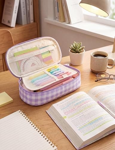 SUNEE Cute Pencil Case, Large Colored Pencil Pouch, Aesthetic Pen Bag with Zipper, Kawaii Stationery Storage and Organizer, School Supplies for Teen and Adult, Boys & Girls, Purple Checkered thumbnail 9