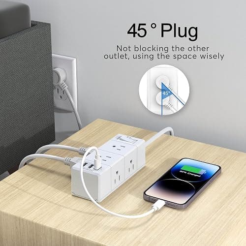 10Ft Extension Cord Flat Plug Power Strip - Tcstei 3-Side Outlet Extender with 6 AC Outlets and 3 USB Ports (1 USB C), Compact for Home, Office, Dorm Room Essentials, ETL, White - 10Ft/2U1C - White thumbnail 5