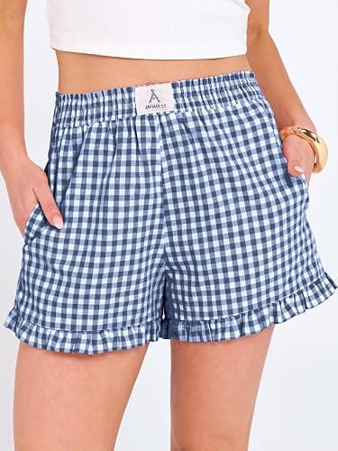 ANRABESS Boxer Shorts for Women,Gingham Plaid Elastic Waist Ruffle,Perfect for Lounge,Pajama&Sleep,Cute Casual Summer Bottoms thumbnail 2
