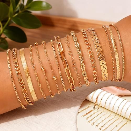 15PCS Gold Bracelets for Women Dainty Bracelets Stack Set Trendy Gold Stackable Cuban Link Paperclip Chain Bracelet Pack Adjustable Jewelry Set for Gifts thumbnail 3