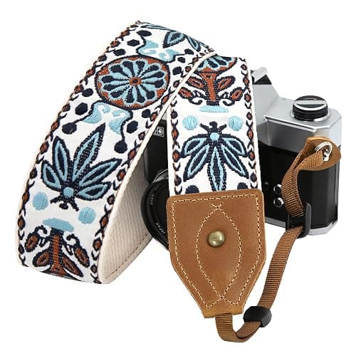 Padwa Lifestyle Camera Strap - 2" Wide Classic Vintage Crazy Horse Arts Cowhide Head Cotton Embroidered Universal Neck Shoulder & Crossbody Camera Straps for Photographers Gift and All DSLR Cameras - Image 1