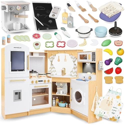 Mamabrum Cuisine en Bois pour Enfants 3+, Cuisinière à Jouets Interactive XXXL avec Éclairage LED, Cafetière et Accessoires - Pots, Ensemble Légumes et Fruits - Jusqu'à 50 Pièces - Image 1