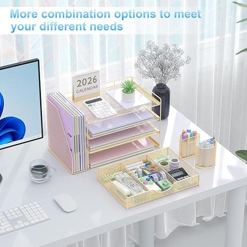 gianotter Desk Organizers and Accessories with File Holder, 4-Tier Desk Accessories & Workspace Organizers with Drawer and 2 Pen Holder, Paper Organizer for Office Supplies(Gold) thumbnail 5