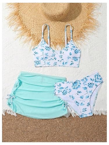 COZYEASE Girls' 3 Piece Set Floral Print Bikini Swimsuit with Drawstring Beach Skirt Cute Ruched Bathing Suit thumbnail 5