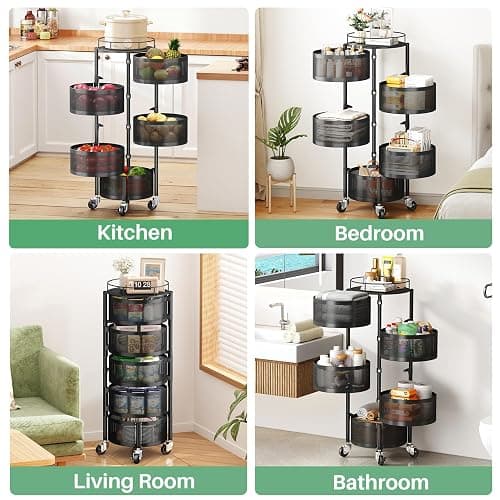 SAYZH Fruit Vegetable Basket for Kitchen, Rotating Storage Rack, 5 Tier Rolling Cart with top lid, Large Metal Wire Wheels, Black thumbnail 8