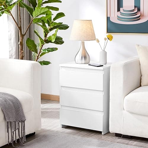 Yaheetech Nightstand with 3 Drawers, Wooden Bedside Table with Storage, Small Bedside Storage Cabinet Unit with Sturdy Base for Bedroom/Small Space, White thumbnail 4