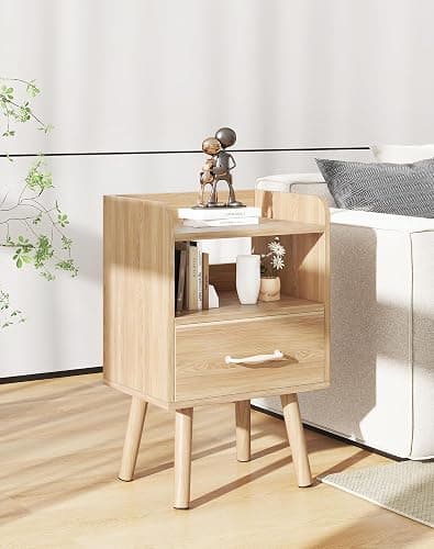 YMYNY Bedside Table Set of 2, Nightstand, Side Table, Wooden Sofa End Table with Fabric Drawer, Open Shelf, Solid Wood Legs, 15.35" x 11.42" x 24.41", for Bedroom, Natural UHST021N-2 thumbnail 7