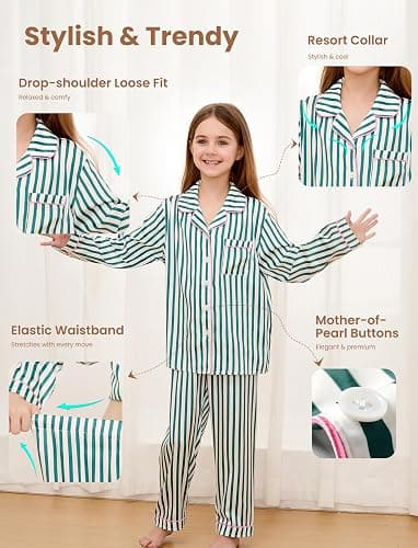 PATPAT Girls Satin Pajama Set - Silky Long Sleeve Sleepwear for Kids with Bag,Ages 5-14 Years thumbnail 6