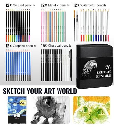 COOL BANK 76 Pack Art Supplies Sketching Kit with 100 Sheets 3-Color Sketchbook, Drawing Pencils Include Graphite Colored Charcoal Watercolor & Metallic Pencils, for Kids Adults Beginner Artists thumbnail 3