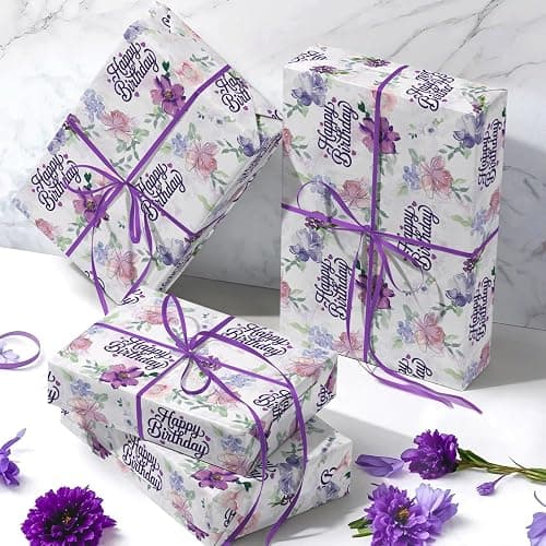 WRAPAHOLIC Birthday Wrapping Paper Roll - Mini Roll - 17 Inch x 16.5 Feet - Happy Birthday with Purple Flower Wrapping Paper for Girls Women, Baby Shower, Wedding thumbnail 8