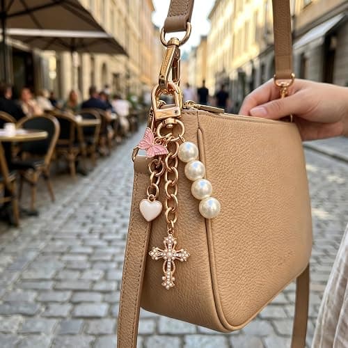 Clowich Gold Pearl Cross Keychain for Women, Heart Chic Bag Accessory Gift | Multi-use Versatile｜All-in-one Design thumbnail 3