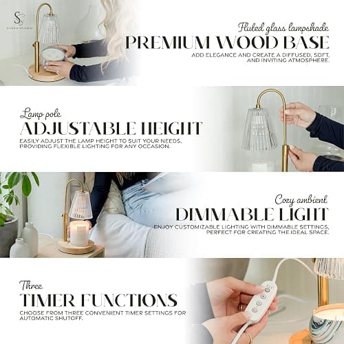 STERN & SPLENDID Adjustable Wood Candle Warmer Lamp for Jar Candles – Large Round Base, Dimmable Electric Candle Melter with Timer, Flameless Candle Heating Lamp with 4 Halogen Light Bulbs thumbnail 3