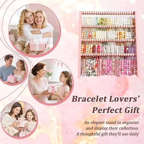 Bellaownia 4 Tier Bracelet Holder Stand with 100 Hooks, Wooden Bracelet Display Organizer Rack for Jewelry, Home, Vendors and Store Display (Pink) thumbnail 7