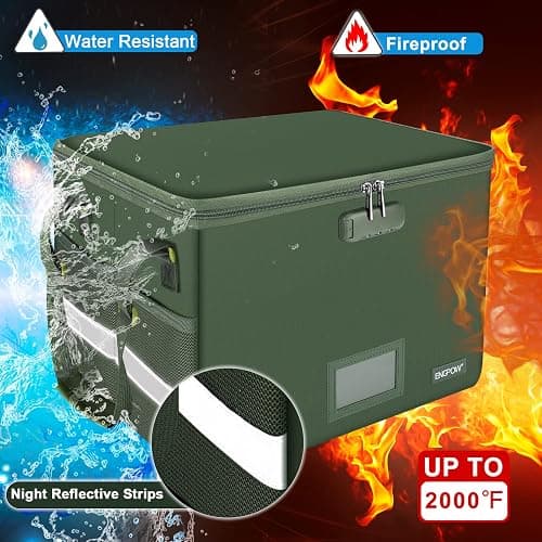ENGPOW File Box with Lock, Fireproof Document Box with Zipper Lid, Collapsible File Storage Organizer Filing Cabinet with Handle, Portable Home Office Safe for Hanging Letter/Legal Folders, Green thumbnail 4
