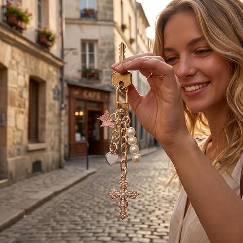 Clowich Gold Pearl Cross Keychain for Women, Heart Chic Bag Accessory Gift | Multi-use Versatile｜All-in-one Design thumbnail 2