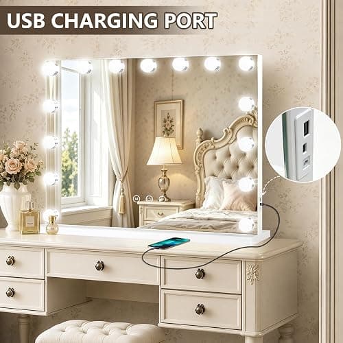 Ratsamee Hollywood Vanity Mirror with Lights, 23" x 18", 15 Dimmable Bulbs, 3 Color Lights, Make Up Lighted Mirror, USB Charging Port, Gifts for Women Wife Teengirls White thumbnail 5