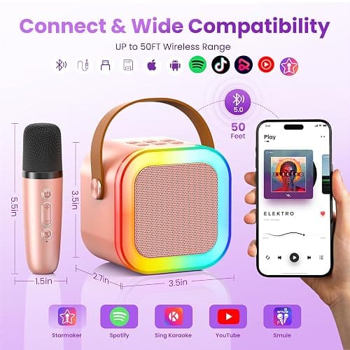 Mini Karaoke Machine for Kids Adults, 2026 TOP Birthday Gifts for Girls 3,4,5,6,7,8+Year Old Toddler Toys, Portable Bluetooth Speaker with 2 Wireless Karaoke Microphones Player Easter Gifts(Rose Gold) thumbnail 3