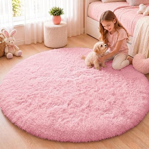 OLANLY Pink Round Rugs for Bedroom - Machine Washable, 4 ft Circle Area Rugs for Living Room, Soft and Fluffy Shaggy Carpet for Teen Girls and Boys, Nursery Rooms, Dorms, Home Decor Aesthetic - Image 1